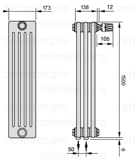 Схема (чертеж) Радиатор Zehnder Charleston 5150/3 №V008 Белый глянцевый RAL 9016